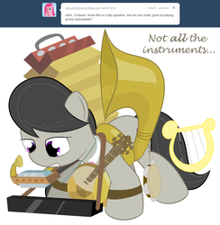 Size: 1000x1026 | Tagged: safe, artist:erthilo, octavia melody, earth pony, pony, ask octavia, g4, accordion, ask, banjo, cymbals, female, harmonica, lyre, mare, musical instrument, simple background, solo, tambourine, tuba, white background