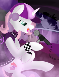Size: 2550x3300 | Tagged: safe, artist:skyflys, sweetie belle, pony, g4, clothes, cute, cutie mark, female, hat, high res, jacket, leather jacket, microphone, older, punk, singing, solo, the cmc's cutie marks