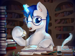 Size: 1450x1080 | Tagged: safe, artist:tokokami, oc, oc only, oc:elitepony, pony, book, bookshelf, faic, glasses, glowing horn, hoof hold, horn, indoors, inkwell, library, magic, pencil, quill, reading, solo, telekinesis