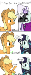 Size: 2180x5178 | Tagged: safe, artist:artiks, applejack, coloratura, earth pony, pony, g4, apple, applejack is amused, applejack is not amused, applejack's hat, appul, comic, countess coloratura, cowboy hat, dialogue, duo, duo female, family, female, flanderization, hat, honesty, hoofy-kicks, how to, mare, rara, scrunchy face, that pony sure does love apples, unamused, yeehaw