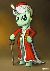 Size: 1024x1453 | Tagged: safe, artist:cakonde, oc, oc:alpha tea, pony, unicorn, belly button, bipedal, clothes, cosplay, costume, looking at you, male, ottoman, ottoman turk, stallion, standing, sword, turkey (country), turkish, weapon