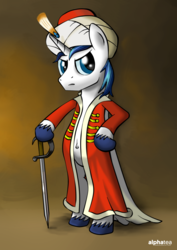 Size: 4962x7016 | Tagged: safe, artist:cakonde, shining armor, pony, unicorn, g4, absurd resolution, belly button, bipedal, clothes, cosplay, costume, looking at you, male, ottoman, stallion, standing, sword, turkey (country), weapon