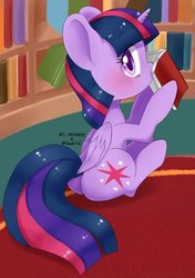 Size: 500x710 | Tagged: safe, artist:shusu, twilight sparkle, alicorn, pony, g4, blushing, book, bookshelf, cute, female, looking at you, looking back, looking back at you, mare, solo, that pony sure does love books, twiabetes, twilight sparkle (alicorn)