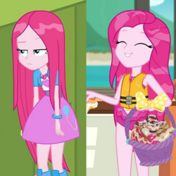 Size: 2048x2048 | Tagged: safe, screencap, pinkie pie, equestria girls, g4, monday blues, my little pony equestria girls: better together, my little pony equestria girls: summertime shorts, the salty sails, clothes, comparison, cute, cuteamena, geode of sugar bombs, high res, magical geodes, pinkamena diane pie, swimsuit, wet hair