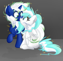 Size: 1024x987 | Tagged: safe, artist:lbrcloud, oc, oc only, oc:mimic, oc:scribble, pegasus, pony, unicorn, chest fluff, cute, ear fluff, electricity, female, fluffy, looking at each other, male, mare, ocbetes, raised hoof, scrunchy face, sitting, stallion, standing, static
