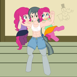 Size: 1500x1500 | Tagged: safe, artist:oneovertwo, oc, oc only, oc:faddle, oc:fiddle, oc:purity quartz, satyr, abs, clothes, cute, denim, denim shorts, midriff, offspring, parent:marble pie, parent:pinkie pie, shorts, skirt, sports bra