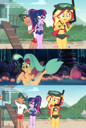 Size: 1920x2832 | Tagged: safe, edited screencap, screencap, princess skystar, sci-twi, sunset shimmer, timber spruce, twilight sparkle, seapony (g4), equestria girls, g4, my little pony equestria girls: better together, my little pony: the movie, unsolved selfie mysteries, angry, beach, bikini, bioluminescent, blue eyes, blushing, bubble, clothes, comic, coral, cropped, cute, disappointed, dorsal fin, female, fin, fin wings, fins, fish tail, floppy ears, flower, flower in hair, flowing mane, flowing tail, freckles, geode of empathy, geode of telekinesis, glowing, grin, happy, jewelry, necklace, ocean, open mouth, pearl necklace, ponytail, screencap comic, seaquestria, seashell, seaweed, skyabetes, smiling, solo, squee, swimming, swimsuit, tail, unamused, underwater, water, wings