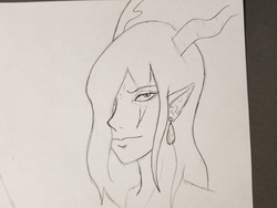 Size: 4032x3024 | Tagged: safe, artist:dj-black-n-white, oc, oc only, oc:kaos, satyr, ear piercing, earring, jewelry, offspring, parent:discord, piercing, traditional art