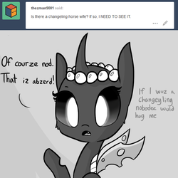 Size: 720x720 | Tagged: safe, alternate version, artist:tjpones, oc, oc only, oc:pistachio, changeling, horse wife, ask, blatant lies, bust, changeling oc, dialogue, disguise, disguised changeling, engrish, female, gray background, grayscale, monochrome, raised hoof, simple background, solo, tumblr, white changeling