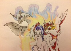 Size: 600x435 | Tagged: safe, artist:fallenangel5414, daybreaker, nightmare moon, starlight glimmer, alicorn, pony, unicorn, a royal problem, g4, spread wings, traditional art, wings