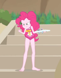 Size: 395x505 | Tagged: safe, screencap, pinkie pie, equestria girls, g4, my little pony equestria girls: better together, too hot to handle, animated, barefoot, bring it on!, clothes, feet, female, fist shaking, fist up, food, geode of sugar bombs, snow cone, swimsuit