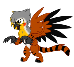Size: 1000x900 | Tagged: safe, artist:griff-on, oc, oc only, oc:david, griffon, tiger griffon, bipedal, colored wings, colored wingtips, griffon oc, rearing, simple background, solo, tiger stripes, transparent background