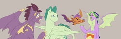 Size: 4745x1536 | Tagged: safe, artist:pikokko, oc, oc only, oc:fire agate, oc:jade, oc:jasper, oc:turquoise blitz, dracony, hybrid, kilalaverse, pandoraverse, chips, eating, female, flying, food, gray background, half-siblings, interdimensional siblings, interspecies offspring, male, offspring, open mouth, parent:rarity, parent:scootaloo, parent:spike, parent:twilight sparkle, parents:scootaspike, parents:sparity, parents:twispike, potato chips, simple background