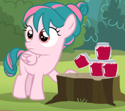 Size: 1168x1044 | Tagged: safe, screencap, tulip swirl, pegasus, pony, g4, marks and recreation, cropped, female, filly, food, jam, jar, solo, tree stump