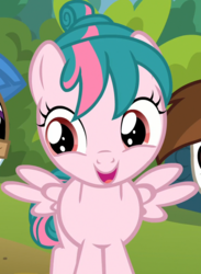 Size: 750x1027 | Tagged: safe, screencap, mocha berry, pipsqueak, tulip swirl, pegasus, pony, g4, marks and recreation, cropped, female, filly, happy, solo focus