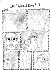 Size: 2550x3506 | Tagged: safe, artist:lupiarts, oc, oc only, oc:chess, comic:what have i done, black and white, comic, dream, fire, grayscale, high res, monochrome, nightmare, sad, traditional art