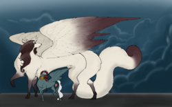 Size: 2048x1271 | Tagged: safe, artist:pantheracantus, oc, oc only, pegasus, pony, wolf, colored, female, giantess, macro, size difference
