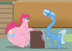 Size: 1280x912 | Tagged: safe, artist:astr0zone, pinkie pie, trixie, earth pony, pony, unicorn, g4, belly, big belly, duo, fat, huge belly, huge butt, impossibly long neck, large belly, large butt, long neck, morbidly obese, necc, obese, piggy pie, pudgy pie, sugarcube corner, talking