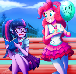 Size: 1160x1120 | Tagged: safe, artist:the-butch-x, pinkie pie, sci-twi, twilight sparkle, human, equestria girls, equestria girls series, g4, alan keane, animate object, balloon, bench, book, bowtie, cartoon network, clothes, crossover, cute, diapinkes, female, glasses, grin, hairband, human female, legs, male, pantyhose, pleated skirt, ponytail, schrödinger's pantsu, skirt, skirt lift, smiling, the amazing world of gumball, trio, upskirt denied