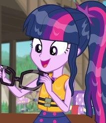 Size: 918x1073 | Tagged: safe, screencap, sci-twi, twilight sparkle, equestria girls, g4, my little pony equestria girls: better together, the salty sails, clothes, cute, female, geode of telekinesis, glasses, glasses off, lifejacket, magical geodes, open mouth, ponytail, solo, swimsuit, talking, twiabetes, wet, wet hair