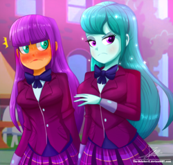 Size: 1220x1160 | Tagged: safe, artist:the-butch-x, cold forecast, ginger owlseye, equestria girls, g4, my little pony equestria girls: friendship games, background human, blushing, bowtie, clothes, crystal prep academy uniform, duo, duo female, female, looking at you, plaid skirt, pleated skirt, school uniform, signature, skirt
