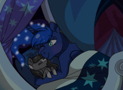 Size: 1024x753 | Tagged: safe, artist:kitkatsart, princess luna, oc, oc:dawn shine, earth pony, pony, g4, adopted offspring, coat markings, female, filly, luna's room, mother and daughter, one eye closed, parent:princess luna, sleeping, socks (coat markings)