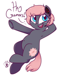 Size: 1000x1300 | Tagged: safe, artist:notenoughapples, oc, oc only, oc:vedalia rose, oc:vee, pony, armpits, belly button, earbuds, sharp teeth, simple background, smiling, solo, teeth, text, transparent background