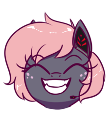 Size: 500x550 | Tagged: safe, artist:notenoughapples, oc, oc only, oc:vedalia rose, oc:vee, earth pony, pony, earbuds, eyes closed, female, grin, mare, sharp teeth, simple background, smiling, solo, teeth, transparent background