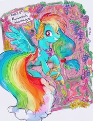 Size: 1418x1855 | Tagged: safe, artist:osawari64, rainbow dash, pegasus, pony, g4, clothes, dress, female, food, gala dress, grapes, jewelry, looking at you, mare, necklace, smiling, solo
