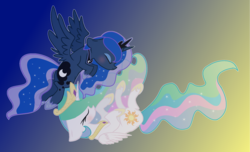 Size: 1796x1090 | Tagged: safe, artist:darbypop1, princess celestia, princess luna, pony, g4, eyes closed, gradient background, yin-yang