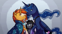 Size: 1024x570 | Tagged: safe, artist:kitkatsart, princess luna, sunburst, oc, oc:dawn shine, alicorn, earth pony, pony, unicorn, g4, boop, family, female, filly, lunaburst, male, mare, noseboop, offspring, parent:princess luna, parent:sunburst, parents:lunaburst, shipping, stallion, straight