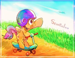 Size: 2048x1576 | Tagged: safe, artist:osawari64, rainbow dash, scootaloo, pegasus, pony, g4, duo, female, filly, flying, helmet, mare, scooter, waving