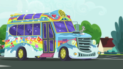 Size: 1920x1080 | Tagged: safe, screencap, equestria girls, g4, get the show on the road, my little pony equestria girls: summertime shorts, balloon, bus, cutie mark, heart, music notes, rainbow, studebaker, sun, the rainbooms tour bus, tree