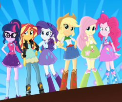 Size: 953x797 | Tagged: safe, screencap, applejack, fluttershy, pinkie pie, rainbow dash, rarity, sci-twi, sunset shimmer, twilight sparkle, eqg summertime shorts, equestria girls, get the show on the road, boots, clothes, cowboy boots, cowboy hat, denim skirt, female, geode of empathy, geode of shielding, geode of sugar bombs, geode of telekinesis, glasses, hand on hip, hat, humane five, humane seven, humane six, magical geodes, mane six, mary janes, pants, ponytail, shoes, skirt, socks, stetson