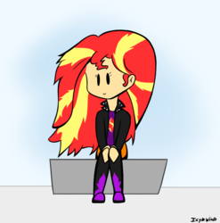 Size: 888x898 | Tagged: safe, artist:icy wind, sunset shimmer, equestria girls, g4, chibi, female, sitting, solo