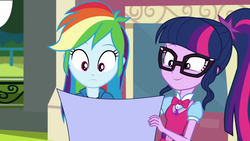 Size: 1920x1080 | Tagged: safe, screencap, rainbow dash, sci-twi, twilight sparkle, equestria girls, g4, get the show on the road, my little pony equestria girls: summertime shorts, :<, clothes, day, dress, duo, duo female, female, geode of telekinesis, glasses, hairclip, holding, jacket, looking down, magical geodes, necktie, outdoors, paper, ponytail, smiling, wide eyes