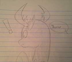 Size: 1024x881 | Tagged: safe, artist:pixel_berry, thorax, changedling, changeling, g4, comic, crossover, exclamation point, king thorax, lined paper, male, monochrome, solo, speech bubble, steven universe, traditional art