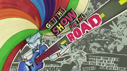 Size: 1920x1080 | Tagged: safe, screencap, rainbow dash, equestria girls, g4, get the show on the road, my little pony equestria girls: summertime shorts, awesome, female, guitar, hair flip, text, title card