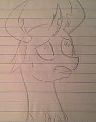 Size: 802x1024 | Tagged: safe, artist:pixel_berry, thorax, changedling, changeling, g4, comic, crossover, floppy ears, king thorax, lined paper, male, monochrome, nervous, solo, steven universe, sweat, sweatdrop, traditional art