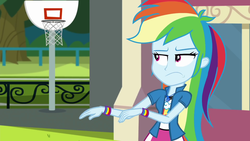 Size: 1920x1080 | Tagged: safe, screencap, rainbow dash, equestria girls, g4, get the show on the road, my little pony equestria girls: summertime shorts, bracelet, clothes, female, geode of super speed, handa, jewelry, magical geodes, ouroboros, rainbow dash is not amused, solo, unimpressed