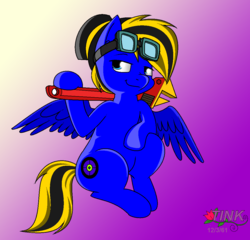 Size: 1104x1060 | Tagged: safe, artist:pencil bolt, oc, oc only, oc:mos, pegasus, pony, blue eyes, engineer, goggles, male, smiling, wrench