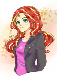 Size: 740x1000 | Tagged: safe, artist:twilite-sparkleplz, sunset shimmer, human, equestria girls, g4, clothes, female, jacket, leaf, leather jacket, looking at you, solo