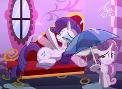 Size: 1200x880 | Tagged: safe, artist:bluse, rarity, sweetie belle, pony, unicorn, g4, acne, carousel boutique, crying, duo, fainting couch, female, filly, makeup, mare, marshmelodrama, mascarity, ocular gushers, pimple, running makeup, show accurate, sisters, the worst possible thing, umbrella, whining, window