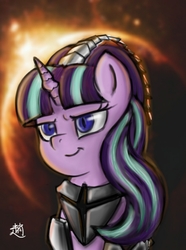 Size: 1416x1902 | Tagged: safe, artist:z-y-c, starlight glimmer, pony, unicorn, g4, armor, corrupted, female, looking at you, mare, solo