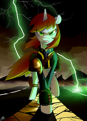 Size: 500x698 | Tagged: safe, artist:atomic8497, oc, oc only, oc:littlepip, pony, unicorn, fallout equestria, clothes, fanfic, fanfic art, female, jumpsuit, lightning, mare, road, solo, vault suit