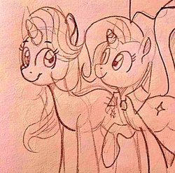 Size: 613x608 | Tagged: safe, artist:1racat, starlight glimmer, trixie, pony, unicorn, g4, cape, clothes, duo, looking at each other, sketch, smiling, traditional art, trixie's cape