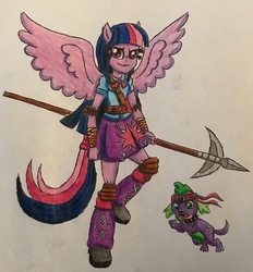 Size: 2879x3105 | Tagged: safe, artist:bozzerkazooers, spike, twilight sparkle, dog, equestria girls, g4, clothes, crossover, elbow pads, fanfic, fanfic art, headband, high res, knee pads, leg warmers, pleated skirt, ponied up, shoes, simple background, skirt, spear, spike the dog, teenage mutant ninja turtles, traditional art, twilight sparkle (alicorn), weapon, white background