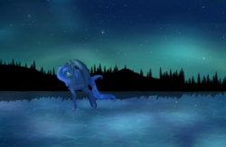 Size: 4590x3000 | Tagged: safe, artist:harmonyskish, princess luna, pony, g4, female, flying, high res, lake, night, solo, tree