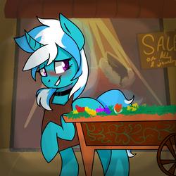Size: 2500x2500 | Tagged: safe, artist:themodpony, oc, oc only, oc:baby blue, pony, unicorn, apron, blue fur, blushing, bruised, cart, choker, clothes, commission, high res, purple eyes, solo, two toned mane, two toned tail