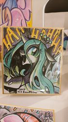 Size: 576x1024 | Tagged: safe, artist:akira bano, queen chrysalis, changeling, changeling queen, g4, evil laugh, fangs, female, laughing, open mouth, solo, traditional art